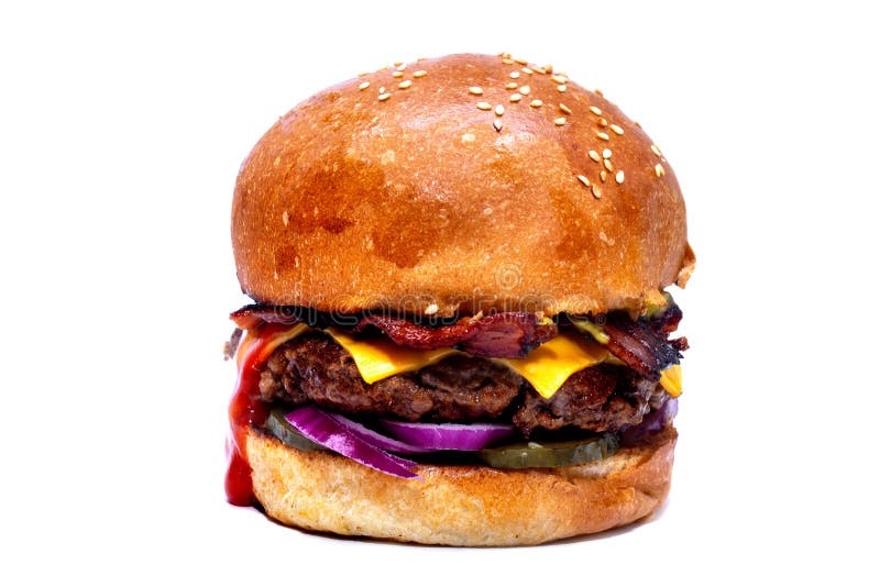 Juicy Beef Burger with Egg, Cheese, Tomatoes and Lettuce on a White