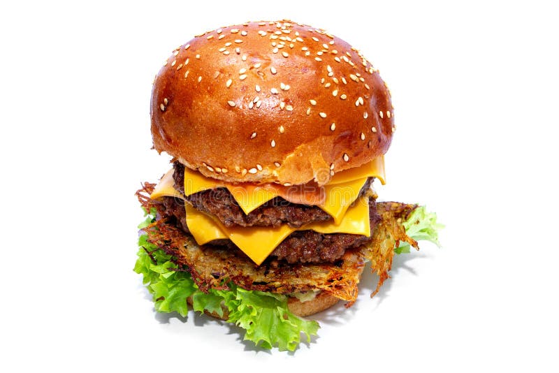 Juicy Beef Burger with Bacon, Cheese and Salad. Stock Photo Image of