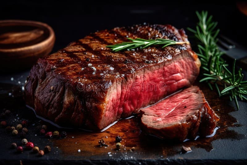 Juicy Beef Steaks, Grilled Roast on Rustic Plate. Generative AI Stock