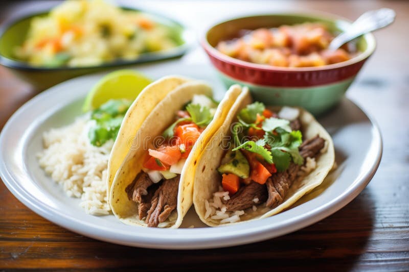 Juicy Beef Tacos with a Side of Refried Beans and Rice Stock Photo