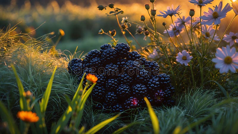 Juicy Blackbär vid Golden Sunset i en Wildblomsskugga royaltyfri illustrationer