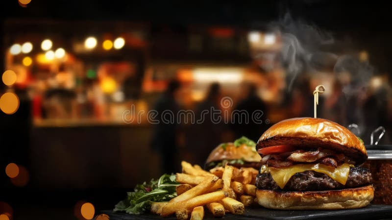 Juicy cheburger och crispy friare på en sjudande nattmarknad vektor illustrationer