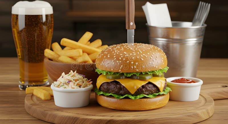 Juicy Cheeseburger Meal with Fries Coleslaw and Cold Beer royaltyfri illustrationer