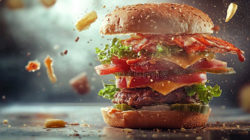 Juicy Cheeseburger med Bacon and Fries royaltyfri illustrationer