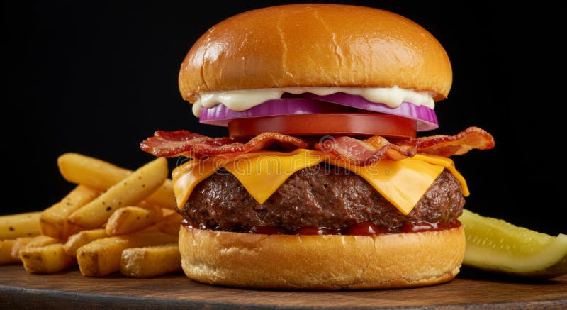 Juicy Cheeseburger med Bacon and Fries vektor illustrationer