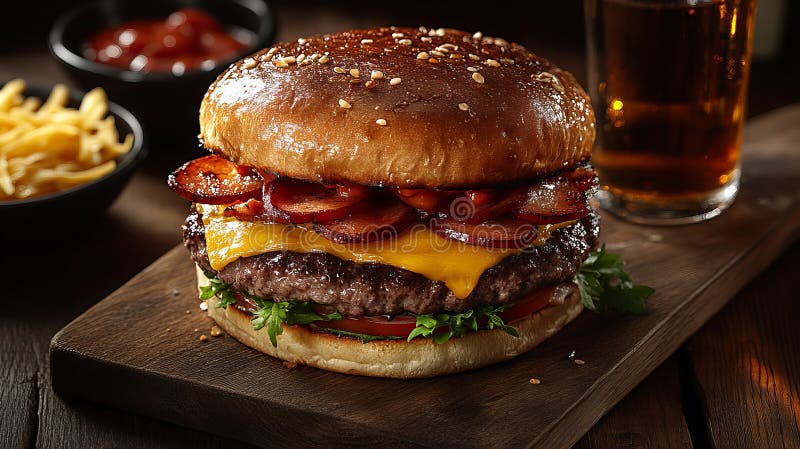 Juicy cheeseburger med bacon på träpapp med pommes frites och drink stock illustrationer