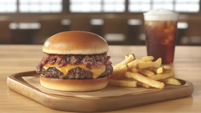 Juicy Cheeseburger med Crispy Fries stock illustrationer