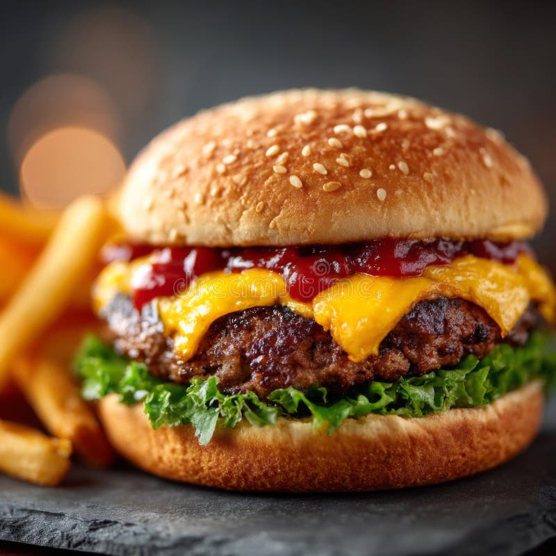 Juicy Cheeseburger med Crispy Fries stock illustrationer