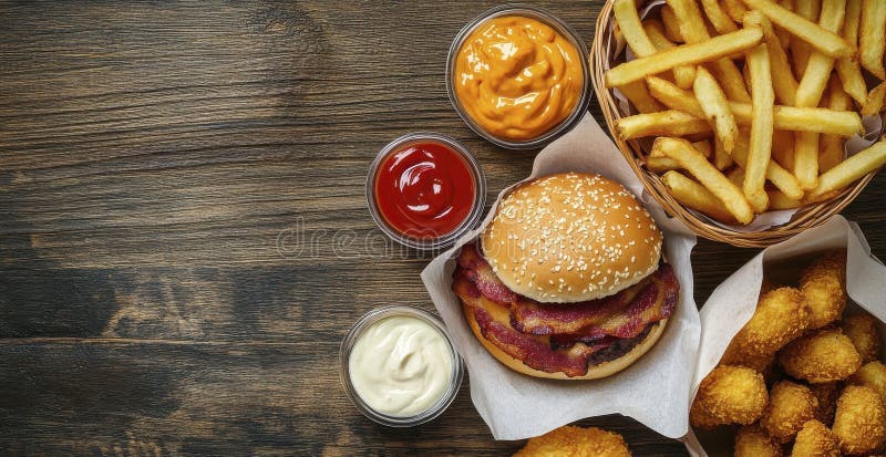 Juicy Cheeseburger med Crispy Fries och Fried Cheese Bites vektor illustrationer