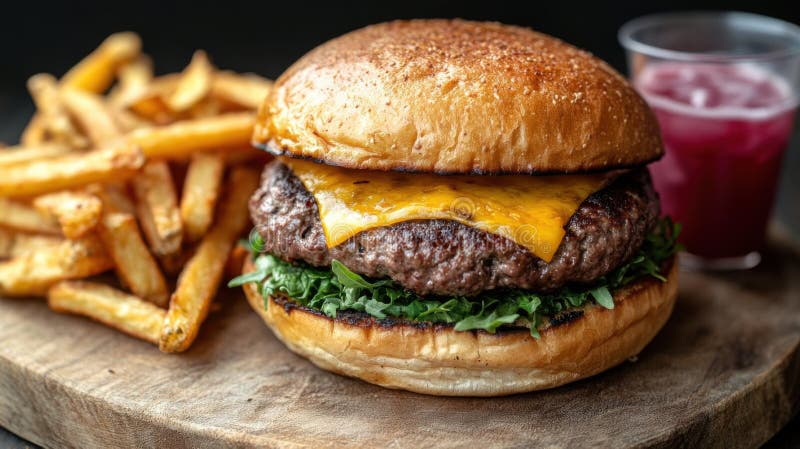 Juicy Cheeseburger med Crispy Fries vektor illustrationer