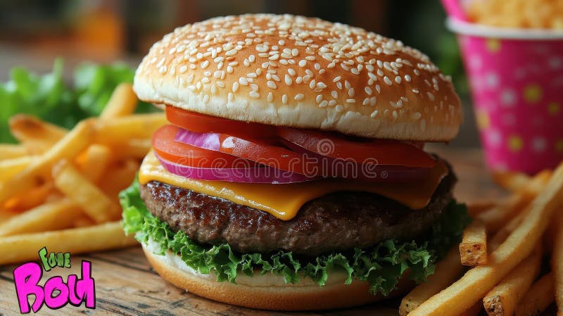Juicy Cheeseburger med Crispy Fries stock illustrationer