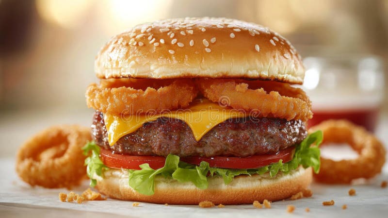 Juicy Cheeseburger med Crispy Onion Rings vektor illustrationer
