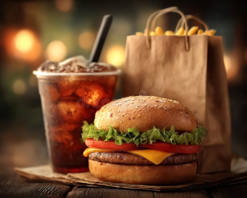 Juicy Cheeseburger med Fries och Soda royaltyfri illustrationer