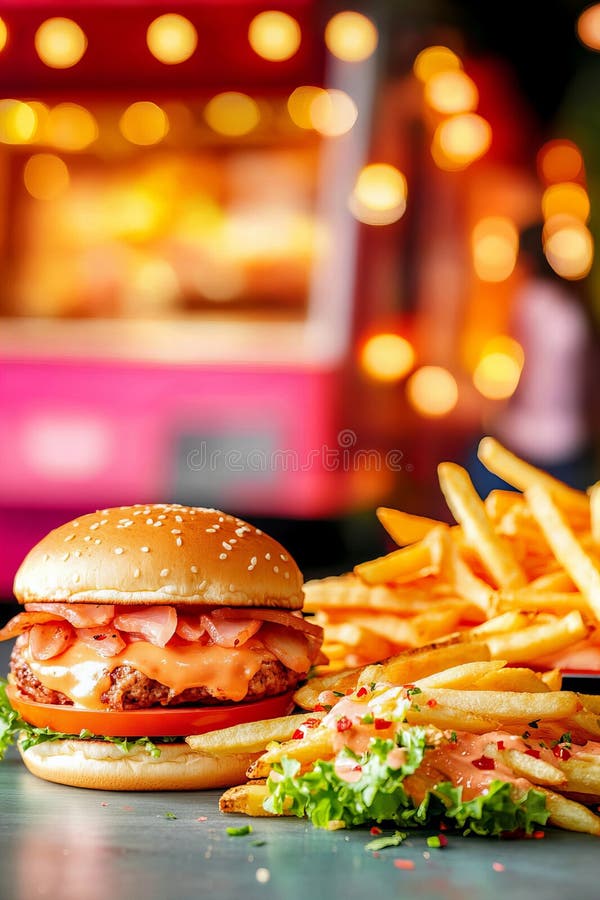 Saftig cheeseburgare med pommes frites i en livlig food truck-miljö royaltyfri illustrationer