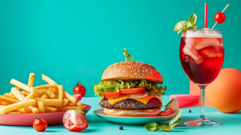 Juicy cheeseburger med frites och uppfriskande cocktail på vibrerande bakgrund vektor illustrationer