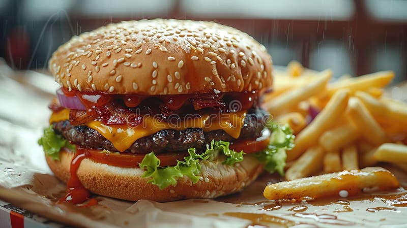 Juicy cheeseburger med frys royaltyfri illustrationer