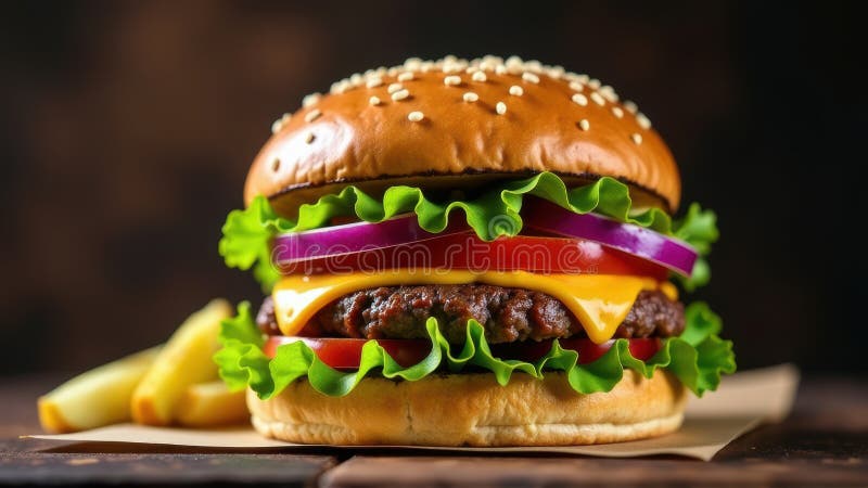 Juicy cheeseburger med frys stock illustrationer