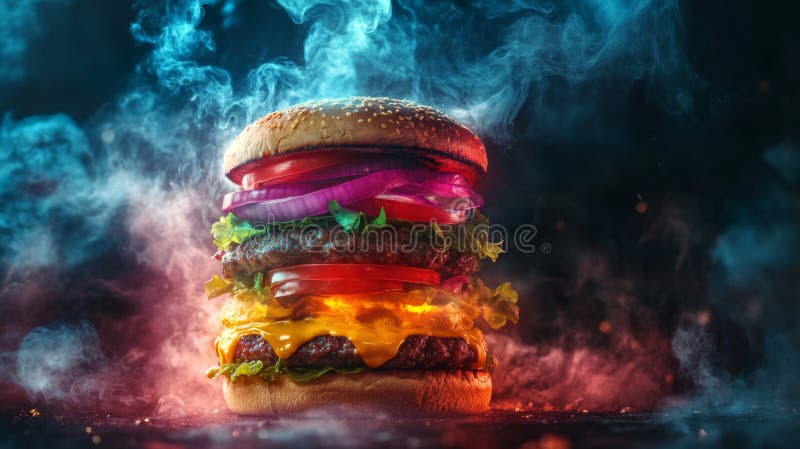 Juicy Cheeseburger med färgfull rök stock illustrationer