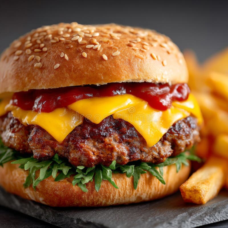 Juicy Cheeseburger med Golden Fries royaltyfri illustrationer