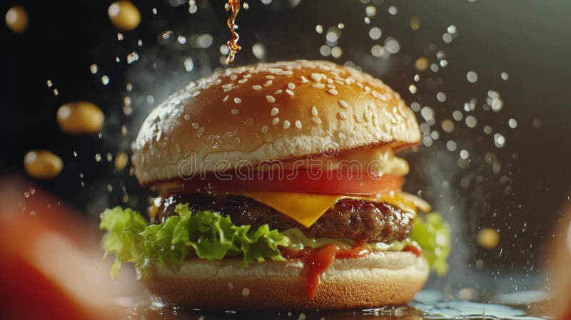 Juicy Cheeseburger med Ketchup Splash stock illustrationer