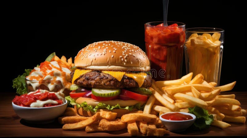 Juicy cheeseburger med krispy french fries stock illustrationer