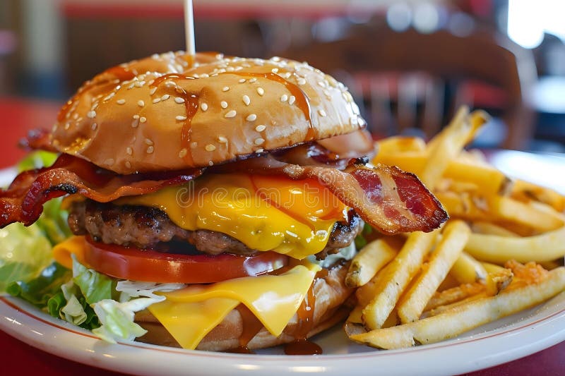 Juicy cheeseburger med krispy fries vektor illustrationer