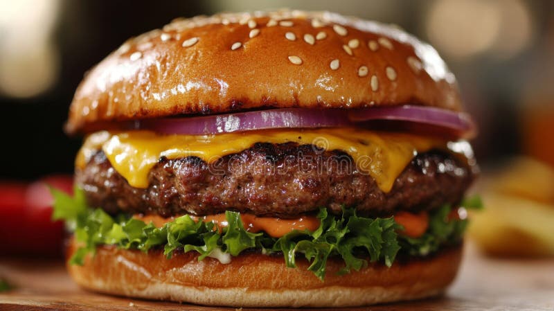 Juicy Cheeseburger med Lettuce och Red Onion på Sesame Bun. Ai Generated