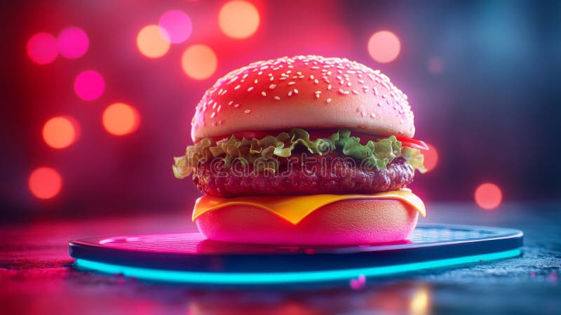 Juicy Cheeseburger med Neon Lighting stock illustrationer