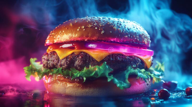 Juicy Cheeseburger med Neon Lighting vektor illustrationer