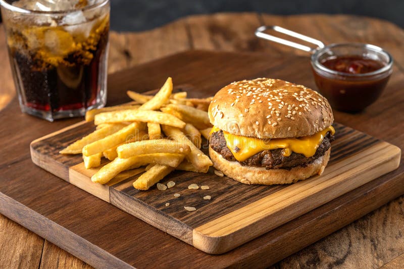 Juicy Cheeseburger med rispy Fries och Dark Drink serverad på träskivor vektor illustrationer