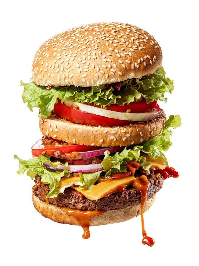 Juicy cheeseburger med sallattomat och lök på sesamfröbun. royaltyfri illustrationer