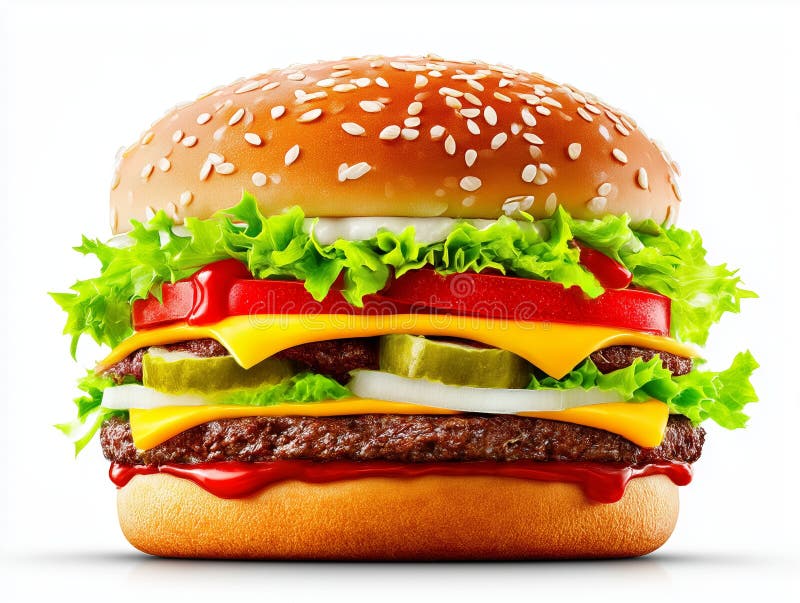 Juicy cheeseburger med sallattomatpurjolök och sesambun royaltyfri illustrationer