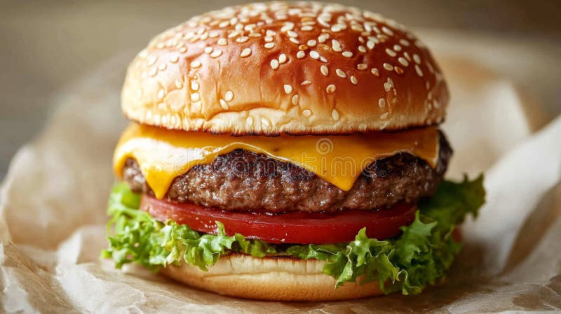 Juicy Cheeseburger med Sesame Seed Bun vektor illustrationer