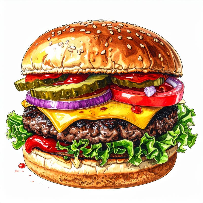 Juicy Cheeseburger med Sesame Seed Bun vektor illustrationer