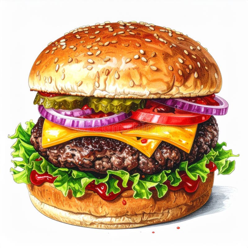 Juicy Cheeseburger med Sesame Seed Bun vektor illustrationer