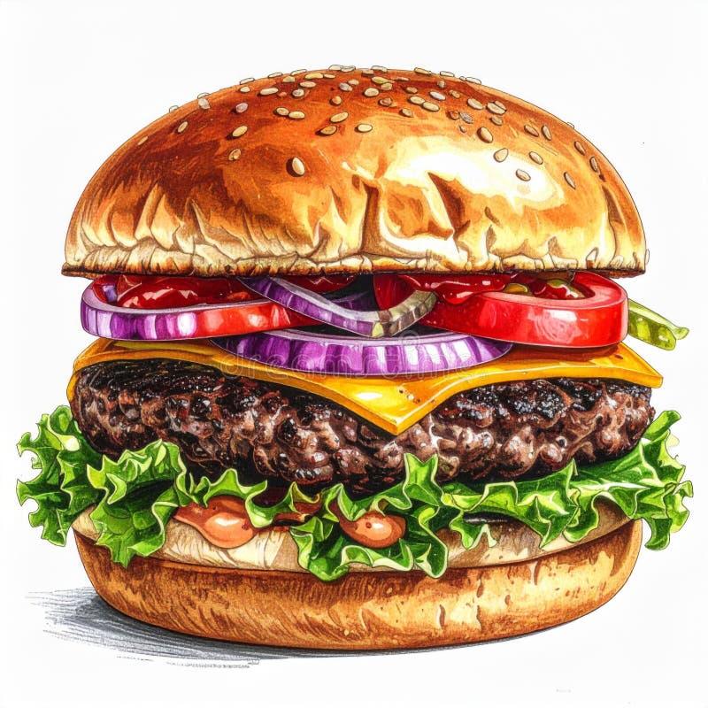 Juicy Cheeseburger med Sesame Seed Bun vektor illustrationer