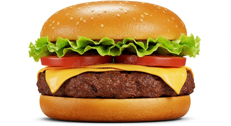 Juicy cheeseburger med sesamfröbun. Innehåller en nötköttsbit med ett skikt stock illustrationer