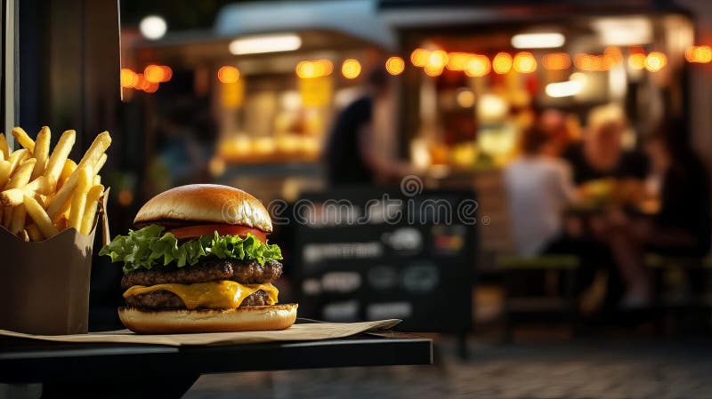 Juicy cheeseburger och crispy friare på en sjudande bilbilbilarscen stock illustrationer