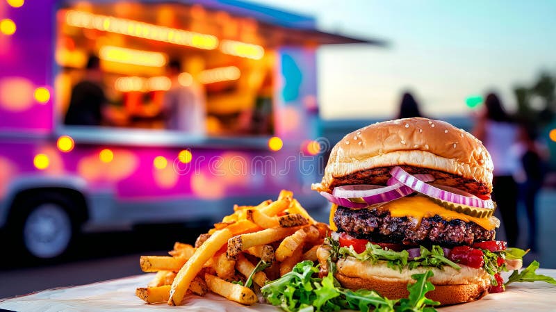 Juicy cheeseburger och crispy friare vid en sjudande lastbilsfestival royaltyfri illustrationer