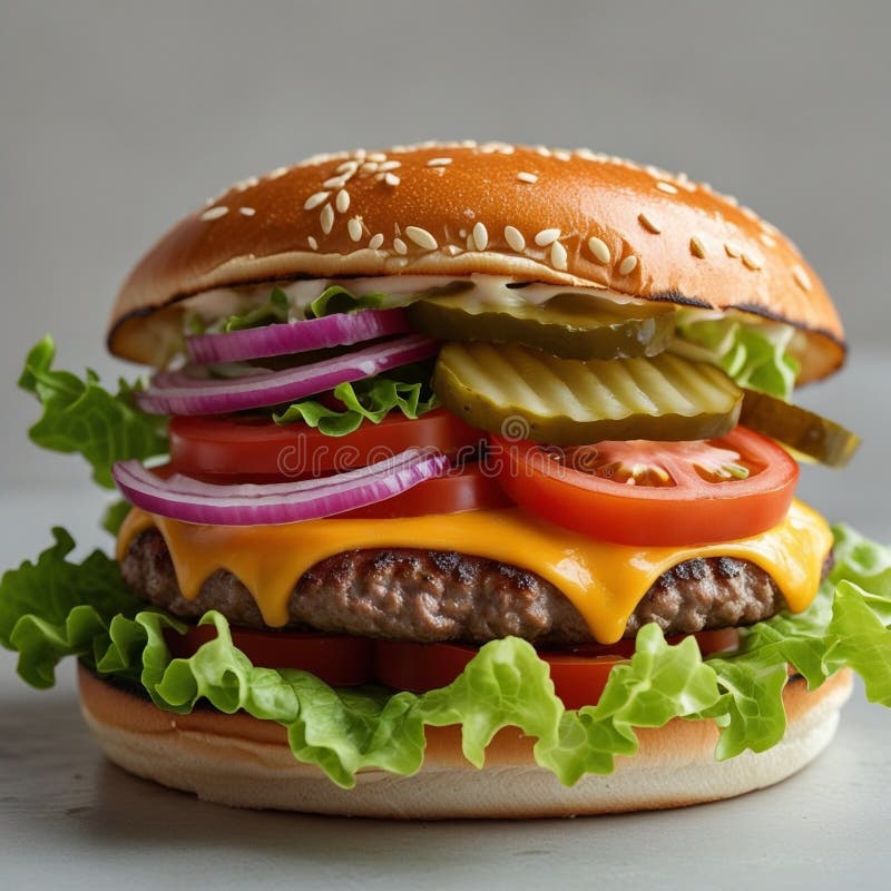 Juicy Cheeseburger Stacks High med Pickles Onions and Flavor royaltyfri illustrationer