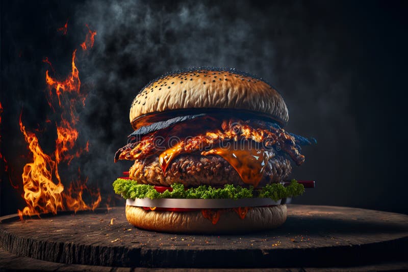 Juicy Dripping Burger with Smoke and Fire in the Background Stock