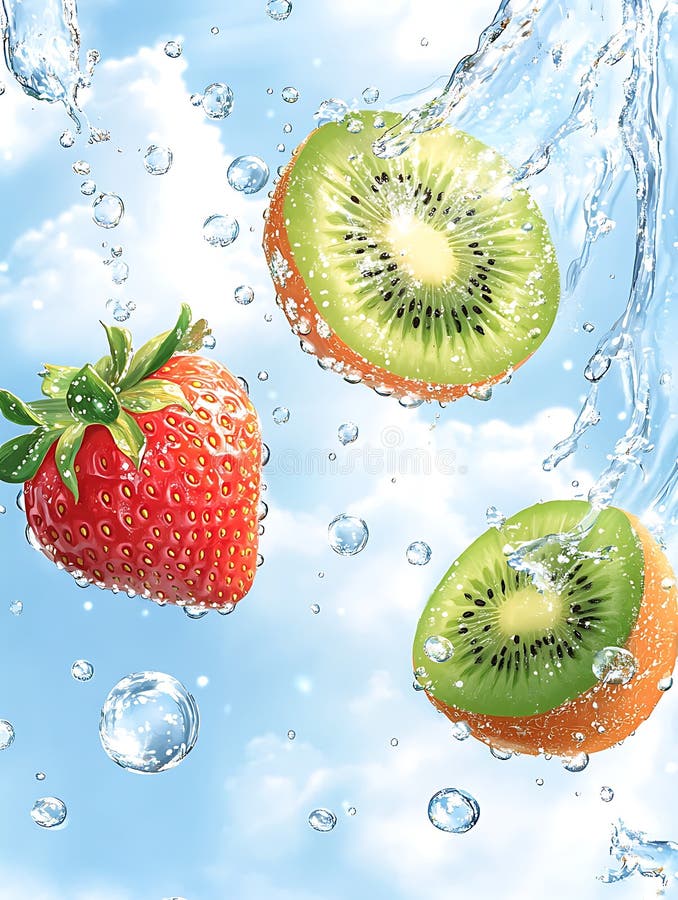 Juicy Erdbeere und zwei Scheiben Kiwi Actinidia deliciosa in Bewegung mit lizenzfreie abbildung