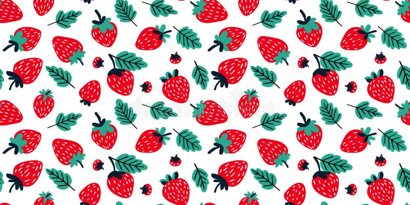 Juicy Erdbeeren Muster mit grünen Blättern hell und farblos Vektor Illustration frische Sommer Design. stock abbildung