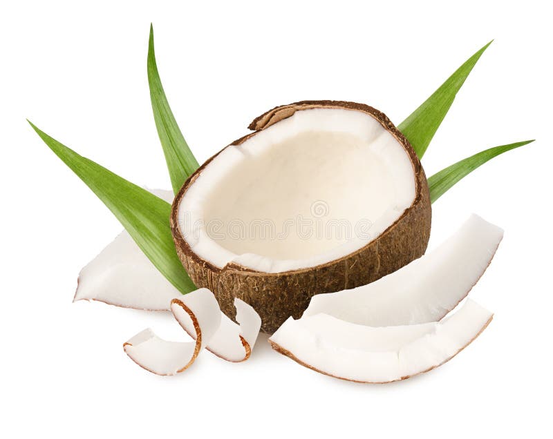 Juicy fresh coconut flesh slices and green leaves isolated on white background stock images Juicy fresh coconut flesh slices and green leaves isolated on white background stock images