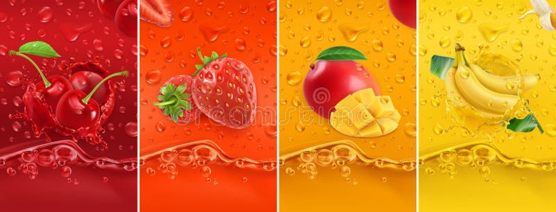 Juicy and fresh fruit. Cherry, strawberry, mango, banana. Dew drops and splash. 3d vector set. High quality 50mb eps