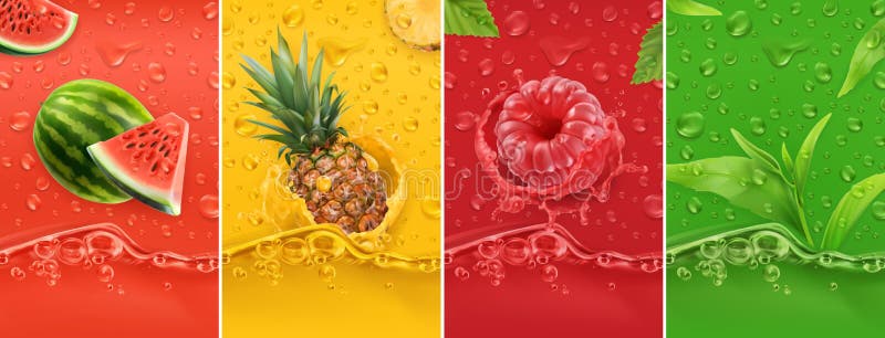 Juicy and fresh fruit. Watermelon, pineapple, raspberry, tea. Dew drops and splash. 3d vector realistic set