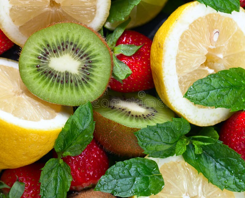 Juicy Fruits and Peppermint Leaves Stock Image Image of sweet, healthy 74674785