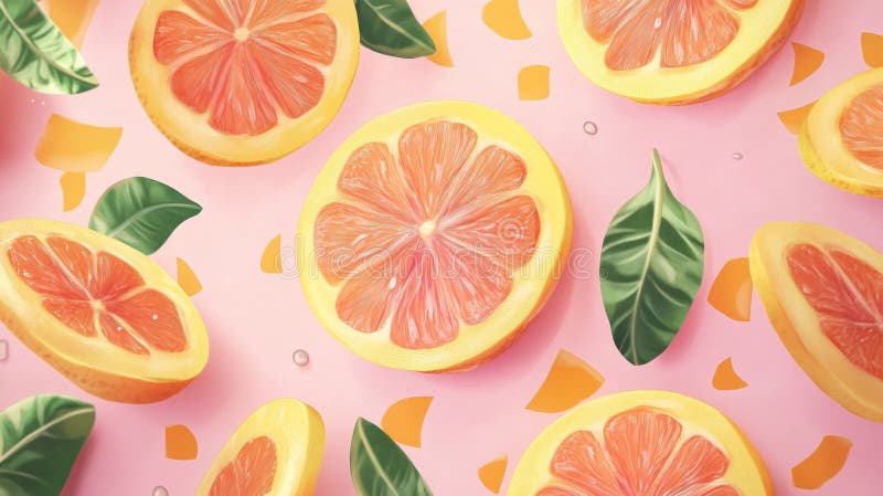 Tranches de pamplemousse juteuses sur fond rose avec feuilles vertes photographie stock