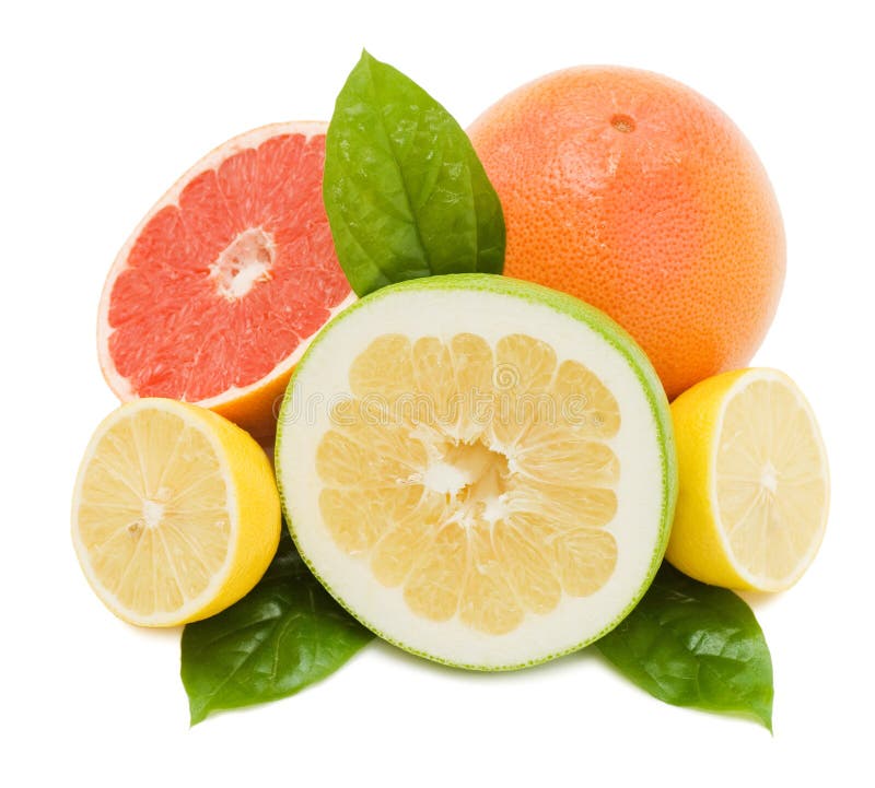 Juicy grapefruits with green leafs