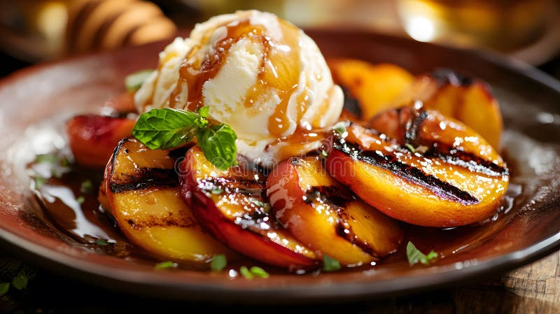 Juicy grillade persikor med honungsdrizzle serverade Juicy food. vektor illustrationer